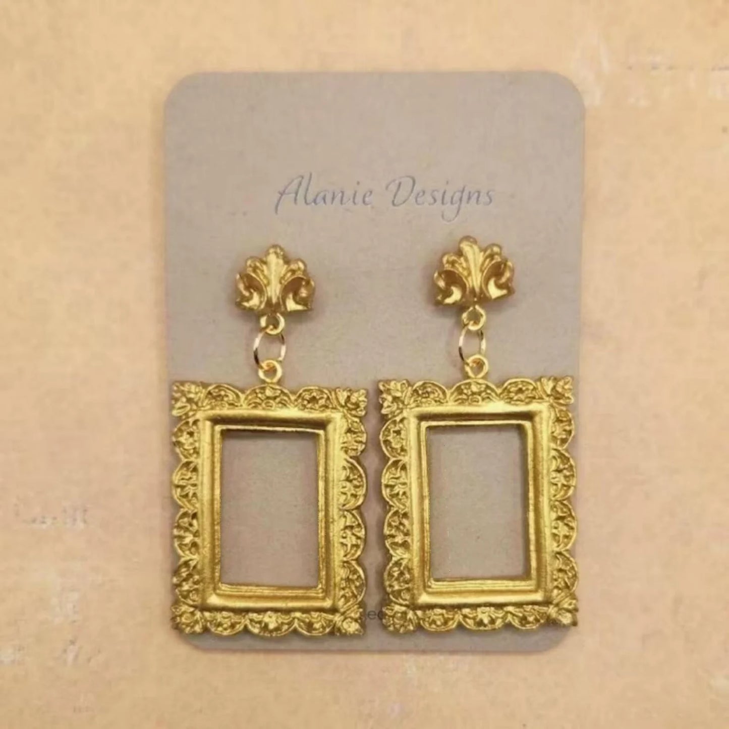 Intricate Gold Picture Frame Earrings with Detailed Studs (Style 2)