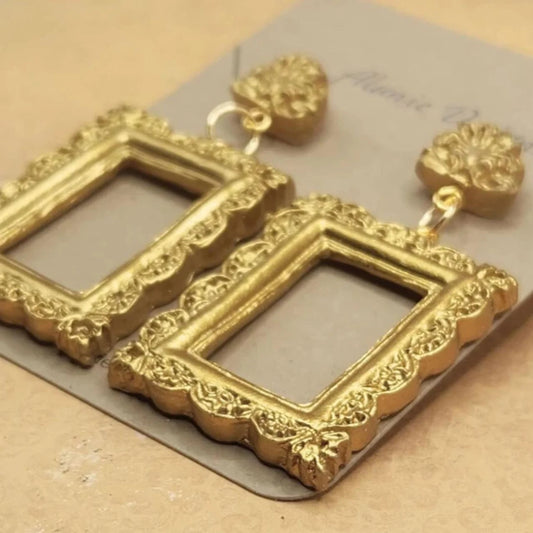 Intricate Gold Picture Frame Earrings with Detailed Studs (Style 1)