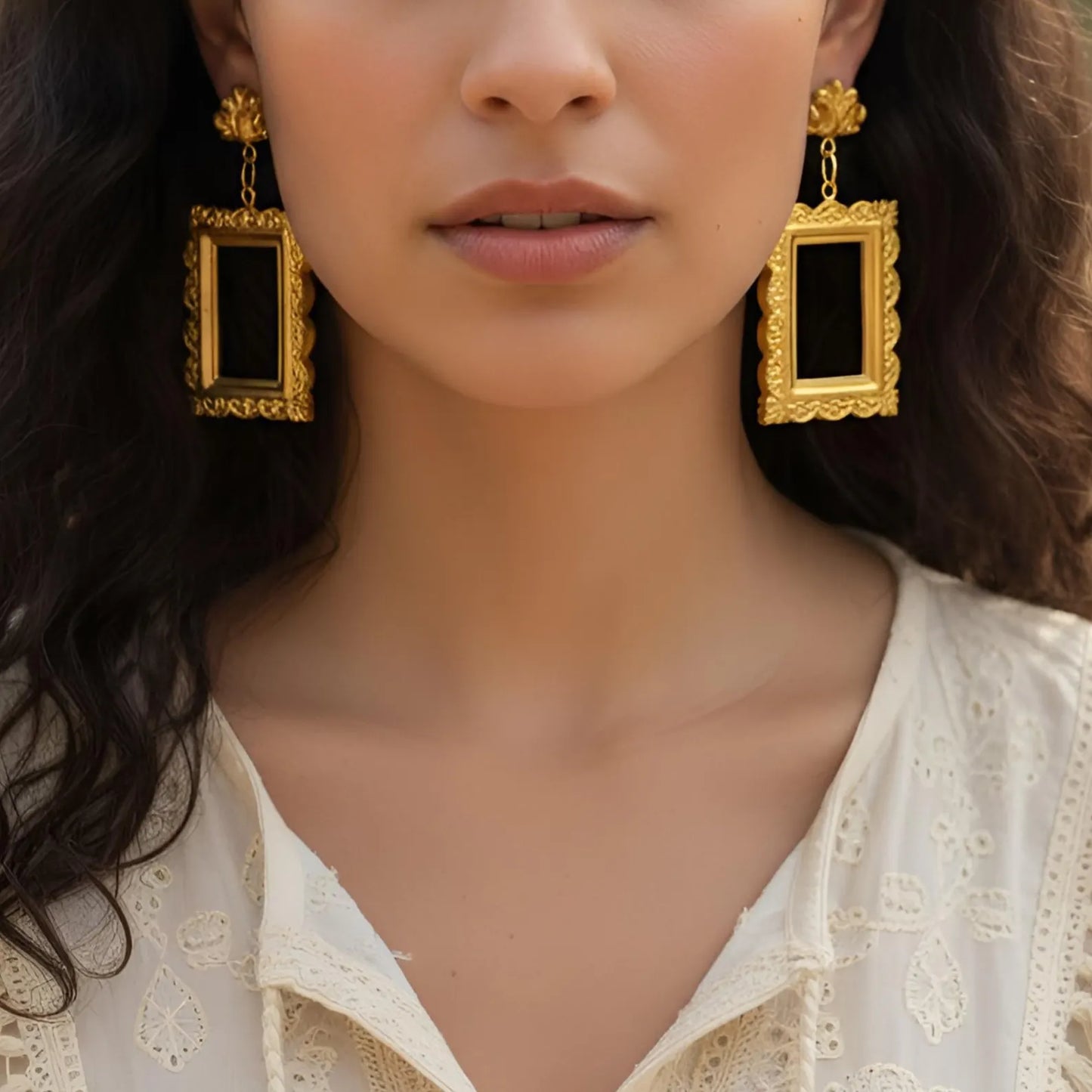 Intricate Gold Picture Frame Earrings with Detailed Studs (Style 2)