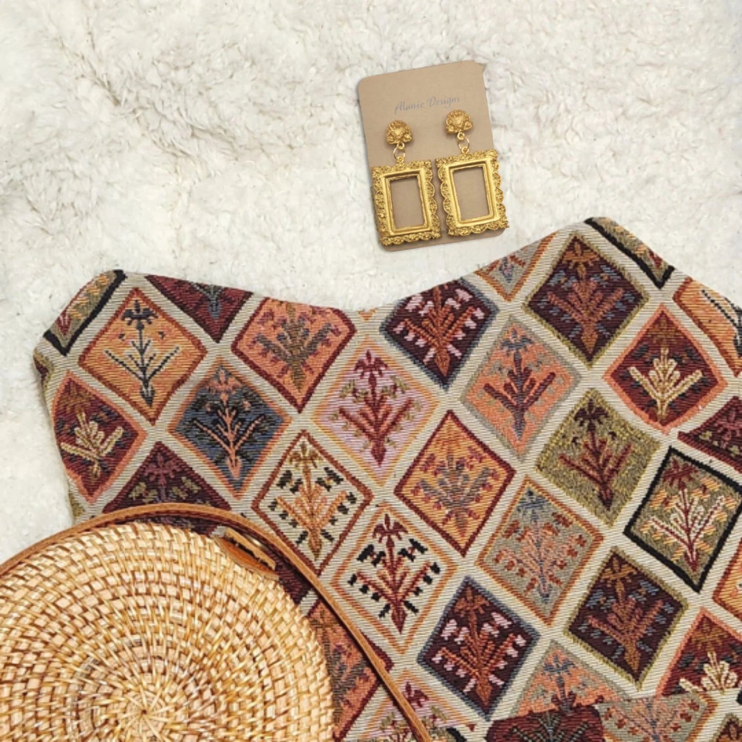 Intricate Gold Picture Frame Earrings with Detailed Studs (Style 1)