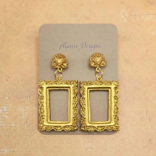 Intricate Gold Picture Frame Earrings with Detailed Studs (Style 1)