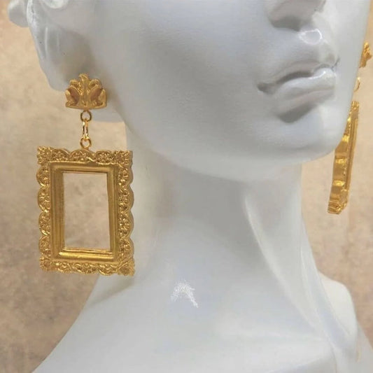 Intricate Gold Picture Frame Earrings with Detailed Studs (Style 2)